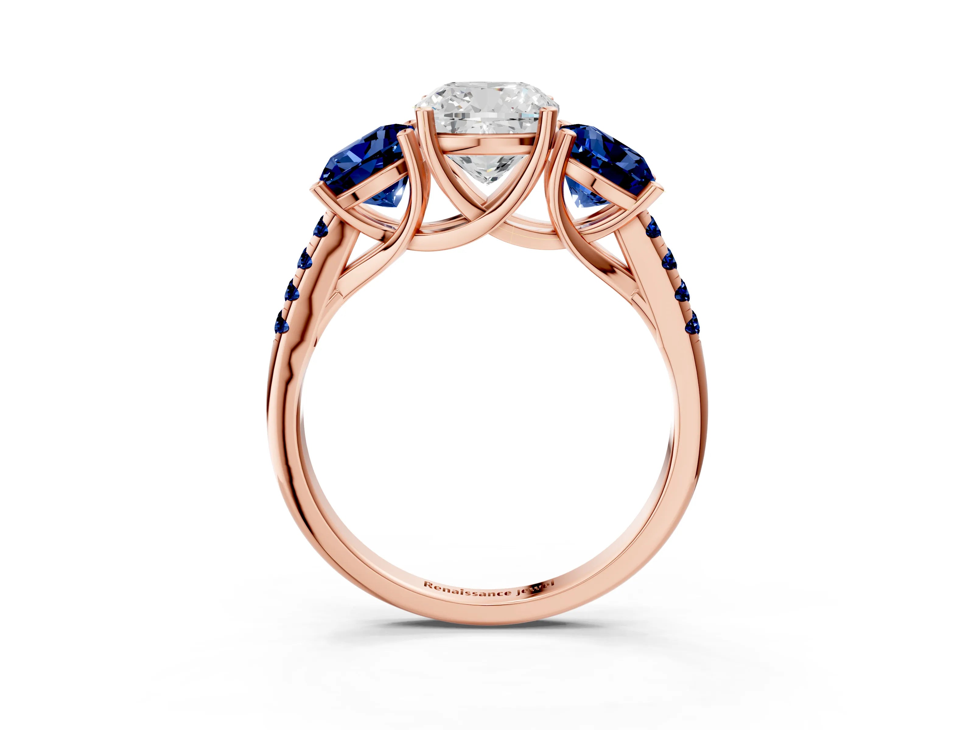 Rose gold Three-Stone Cushion Cut Diamond Ring with Round with Blue Sapphire side stone Pavé Band and Prong Setting_3