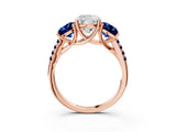 Rose gold Three-Stone Cushion Cut Diamond Ring with Round with Blue Sapphire side stone Pavé Band and Prong Setting_3