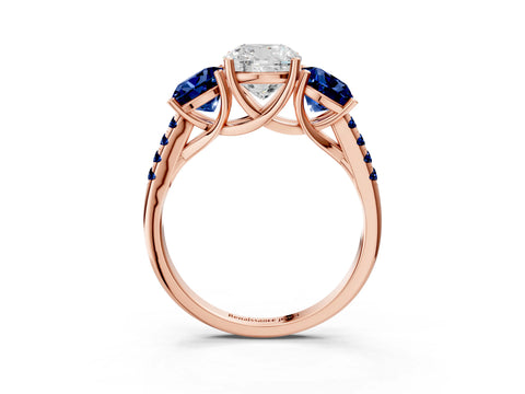 Rose gold Three-Stone Cushion Cut Diamond Ring with Round with Blue Sapphire side stone Pavé Band and Prong Setting_3