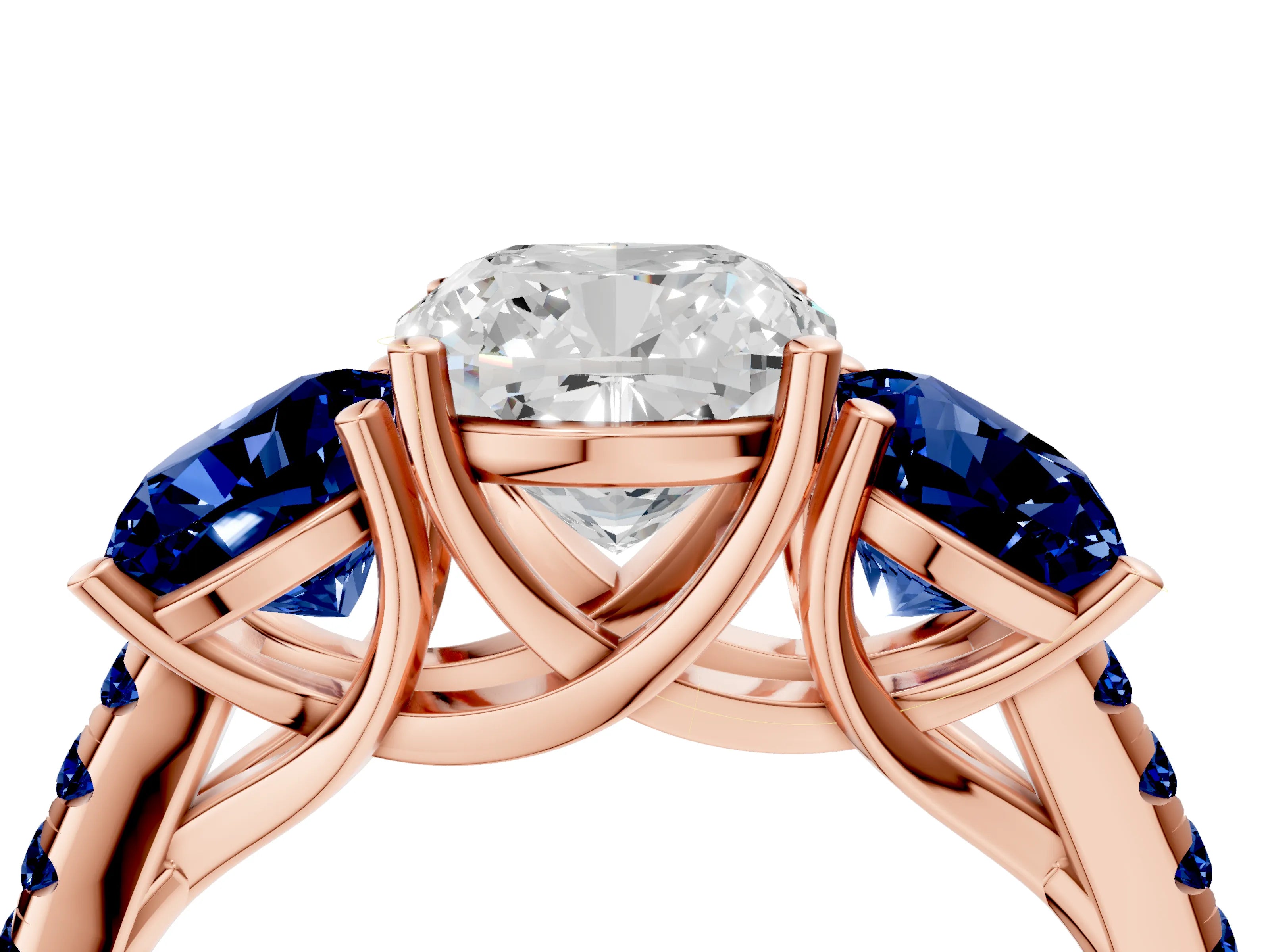 Rose gold Three-Stone Cushion Cut Diamond Ring with Round with Blue Sapphire side stone Pavé Band and Prong Setting_4