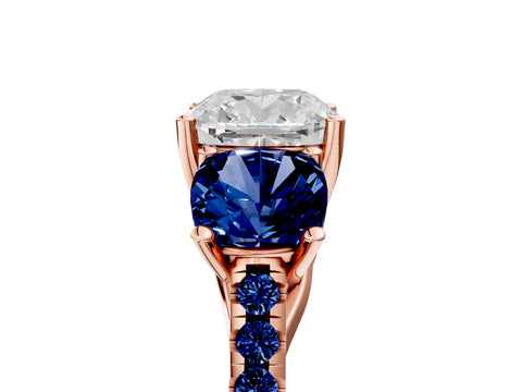 Rose gold Three-Stone Cushion Cut Diamond Ring with Round with Blue Sapphire side stone Pavé Band and Prong Setting_5