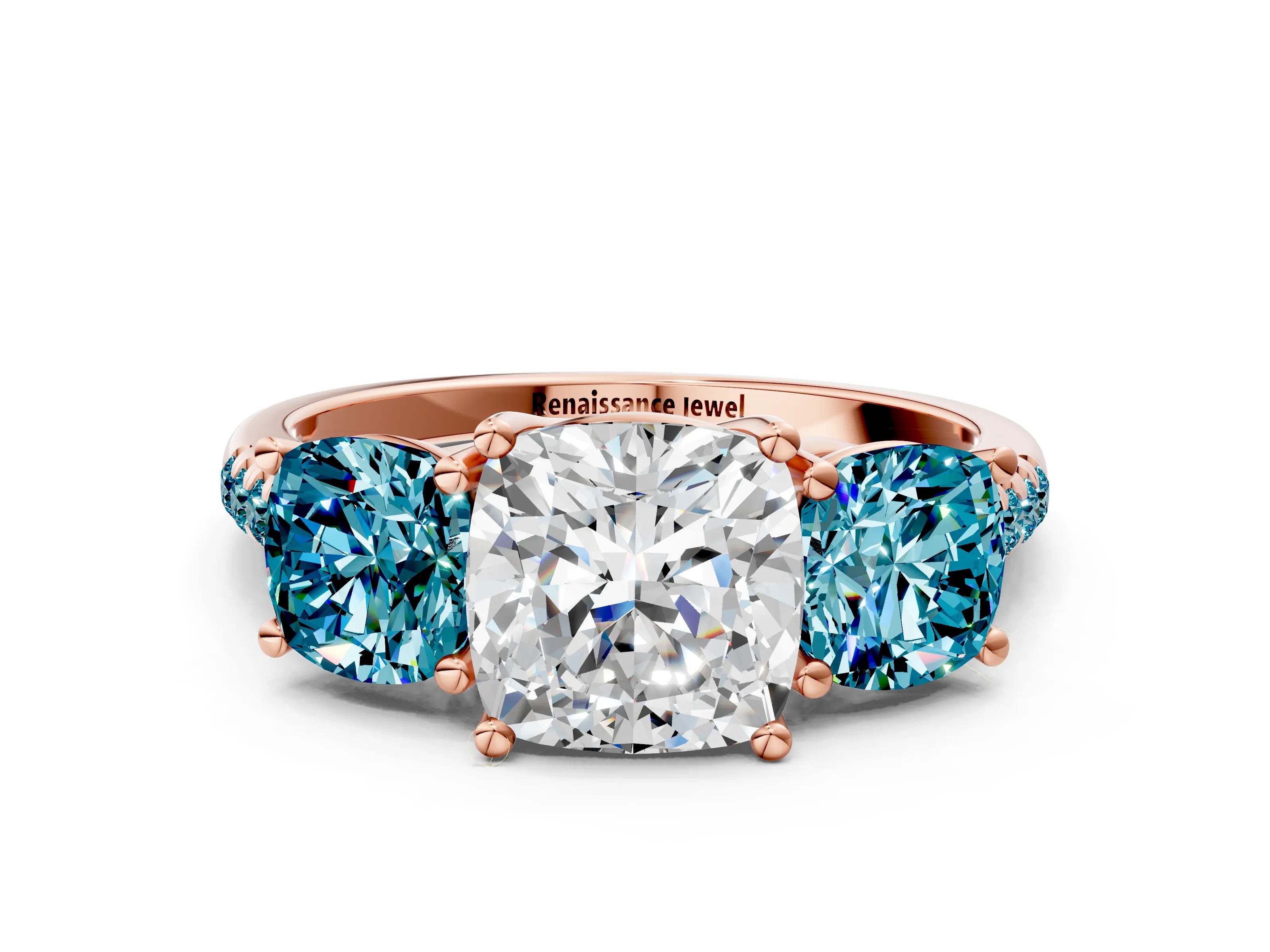 Rose gold Three-Stone Cushion Cut Diamond Ring with Round with Blue Topaz side stone Pavé Band and Prong Setting