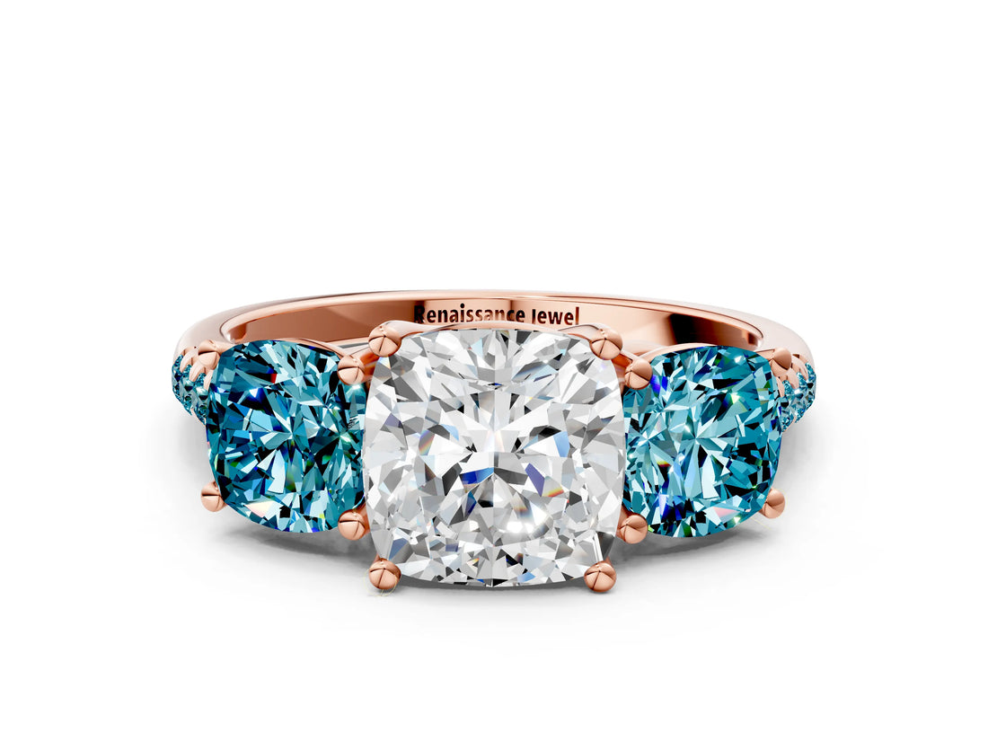 Rose gold Three-Stone Cushion Cut Diamond Ring with Round with Blue Topaz side stone Pavé Band and Prong Setting