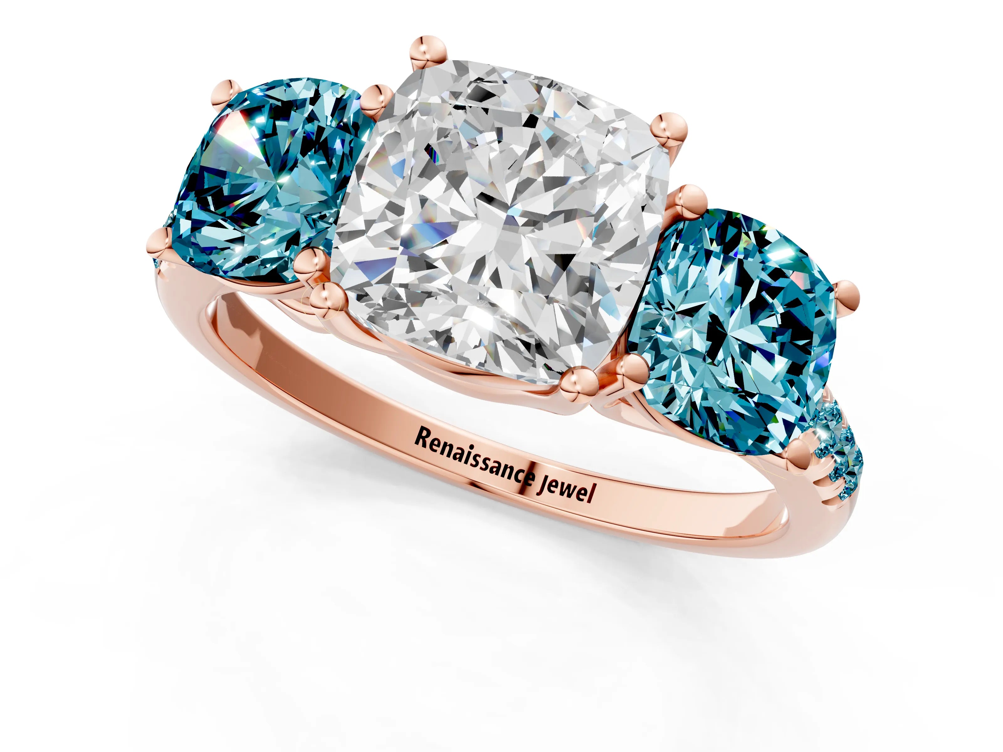 Rose gold Three-Stone Cushion Cut Diamond Ring with Round with Blue Topaz side stone Pavé Band and Prong Setting_1