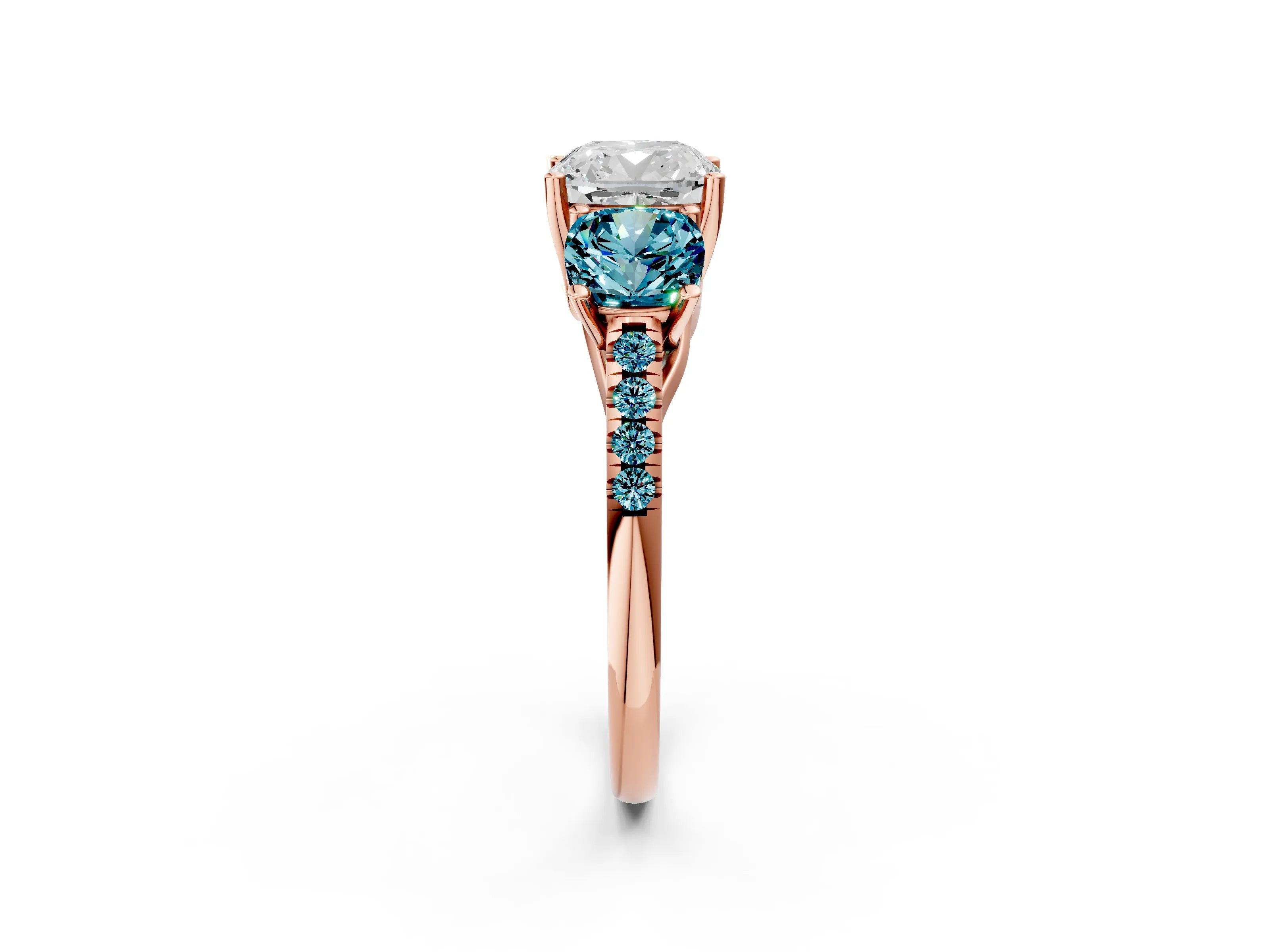 Rose gold Three-Stone Cushion Cut Diamond Ring with Round with Blue Topaz side stone Pavé Band and Prong Setting_2