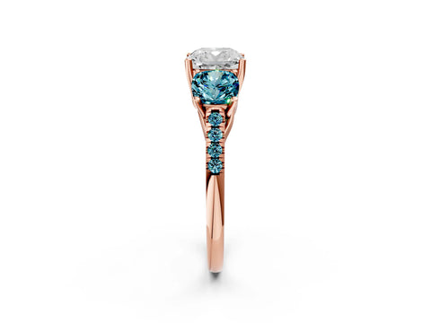 Rose gold Three-Stone Cushion Cut Diamond Ring with Round with Blue Topaz side stone Pavé Band and Prong Setting_2