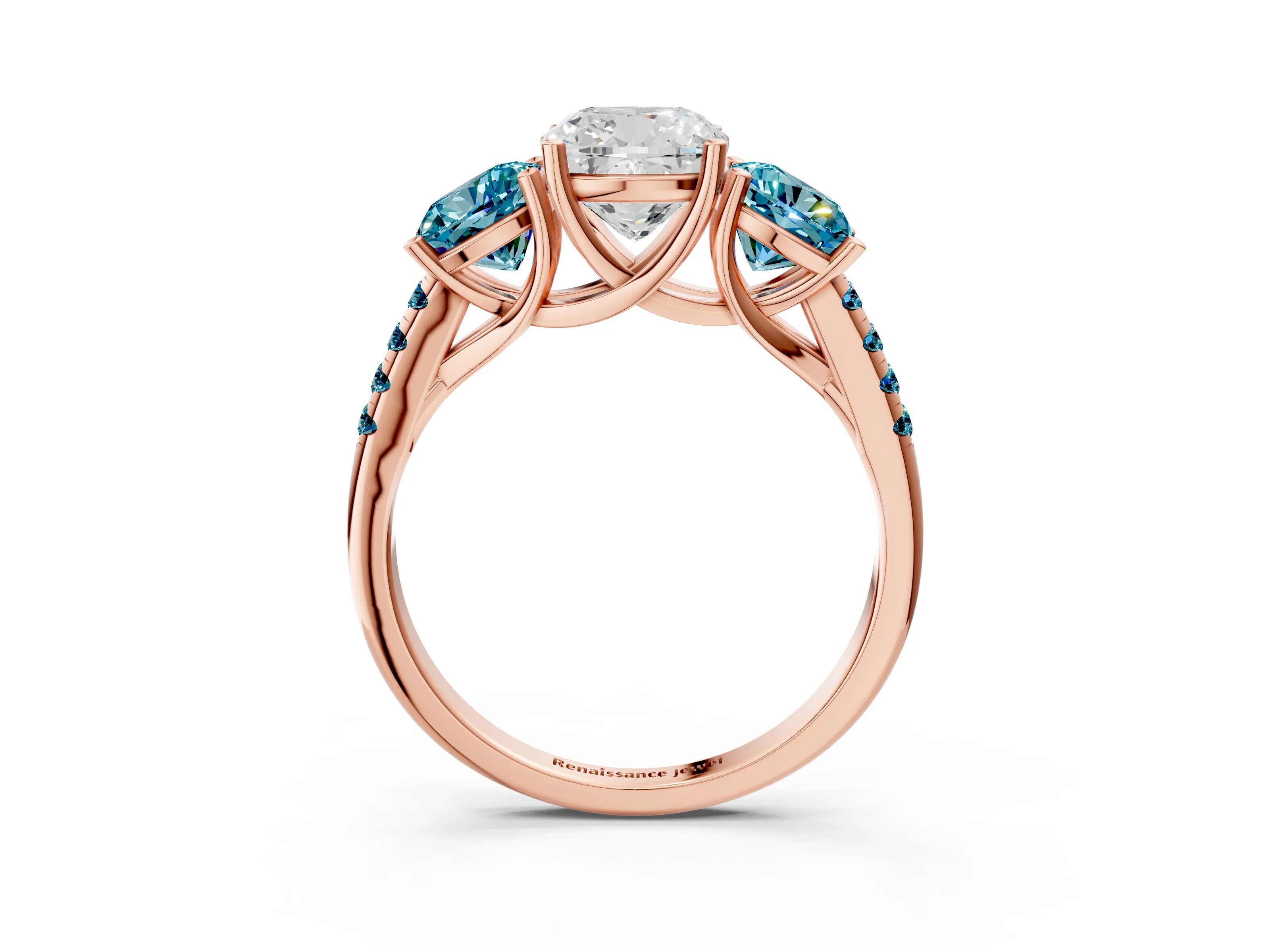 Rose gold Three-Stone Cushion Cut Diamond Ring with Round with Blue Topaz side stone Pavé Band and Prong Setting_3