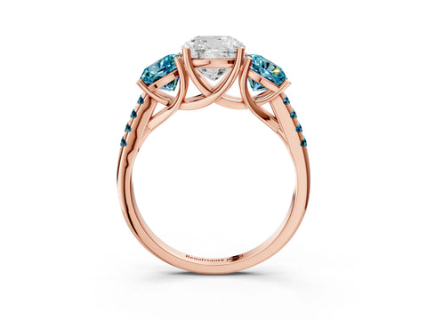 Rose gold Three-Stone Cushion Cut Diamond Ring with Round with Blue Topaz side stone Pavé Band and Prong Setting_3