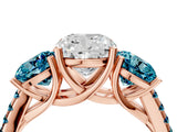 Rose gold Three-Stone Cushion Cut Diamond Ring with Round with Blue Topaz side stone Pavé Band and Prong Setting_4