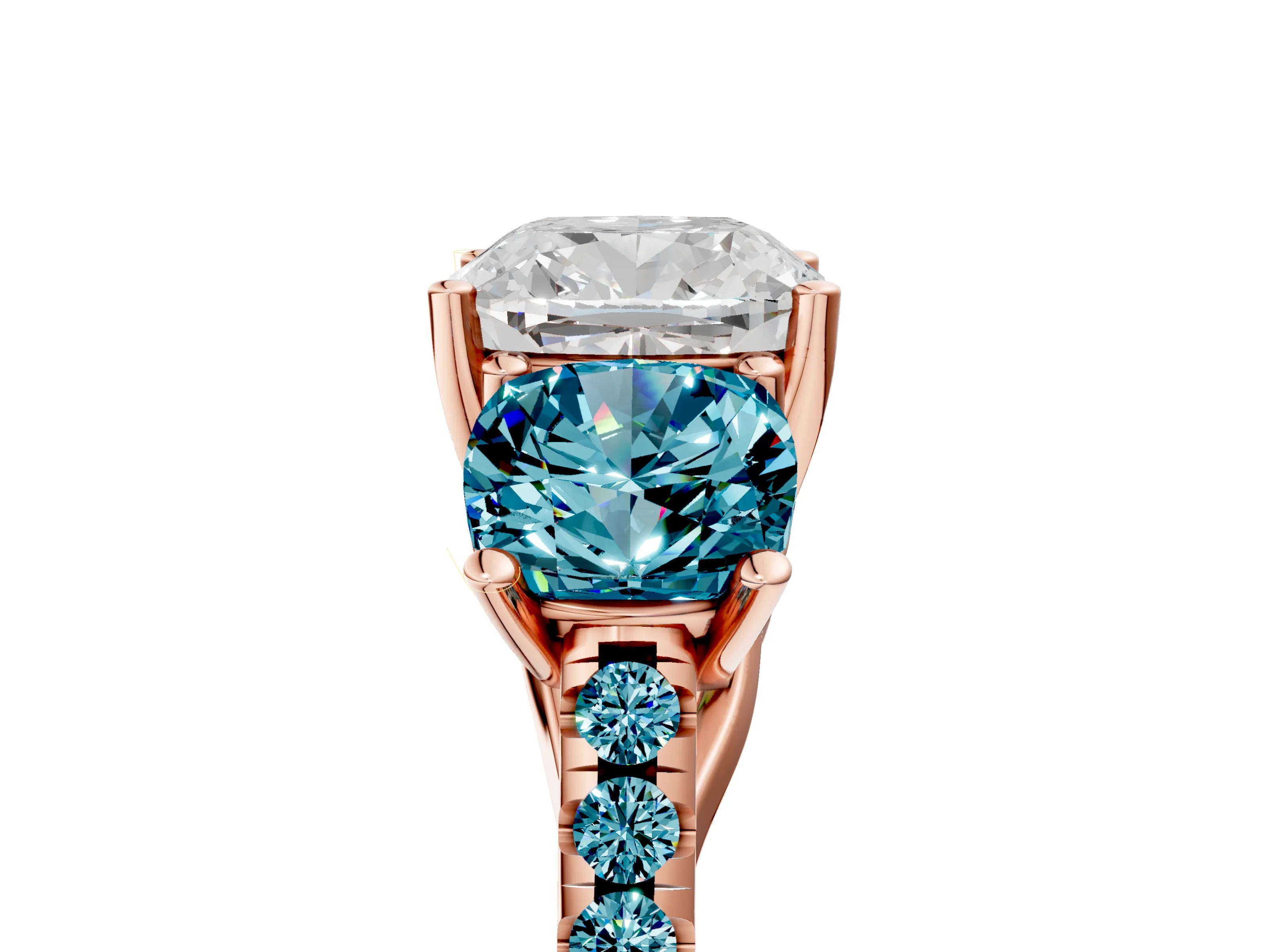 Rose gold Three-Stone Cushion Cut Diamond Ring with Round with Blue Topaz side stone Pavé Band and Prong Setting_5