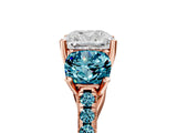 Rose gold Three-Stone Cushion Cut Diamond Ring with Round with Blue Topaz side stone Pavé Band and Prong Setting_5