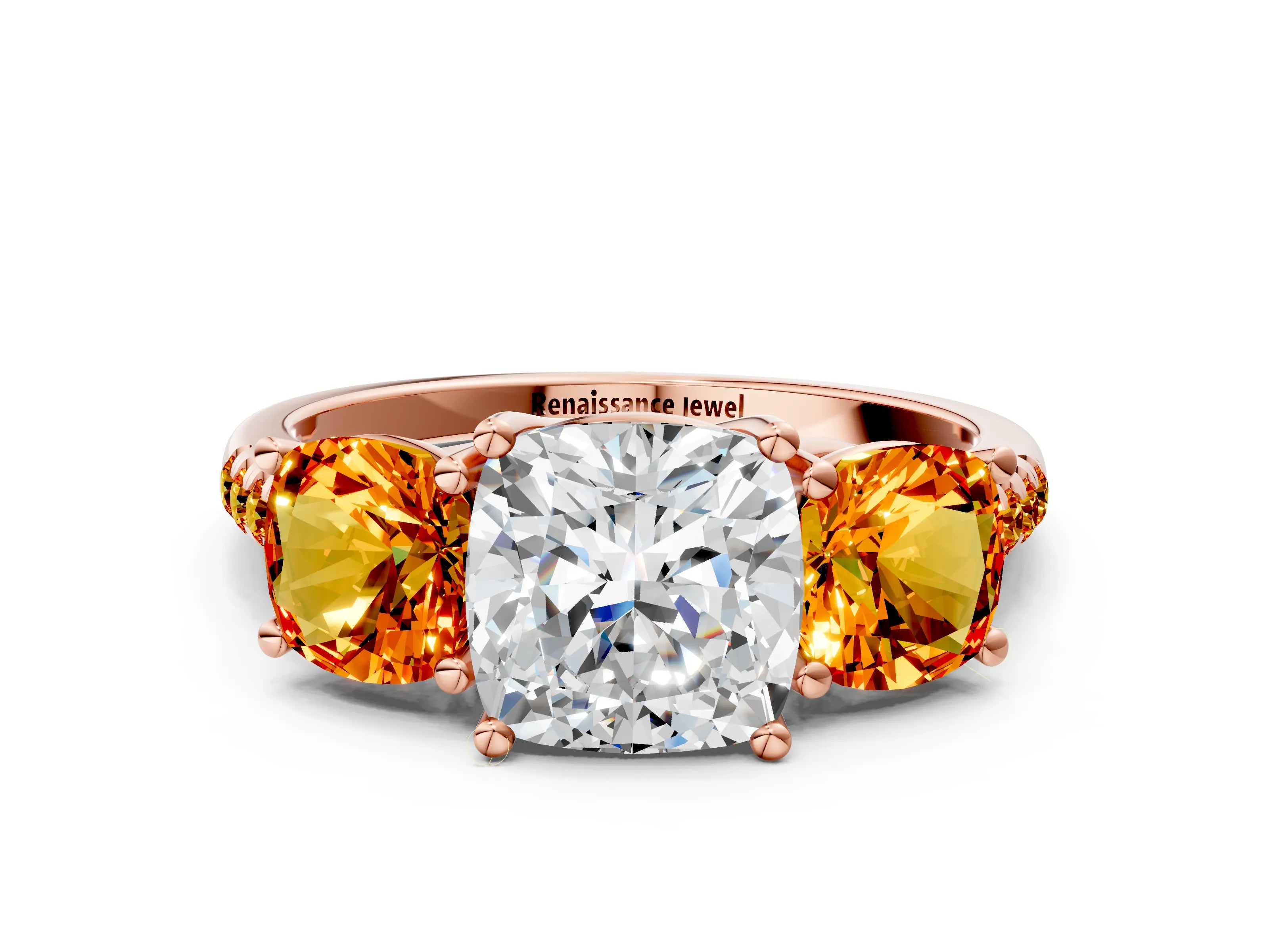 Rose gold Three-Stone Cushion Cut Diamond Ring with Round with Citrine side stone Pavé Band and Prong Setting