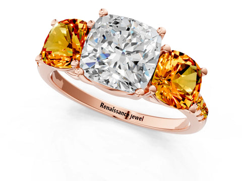 Rose gold Three-Stone Cushion Cut Diamond Ring with Round with Citrine side stone Pavé Band and Prong Setting_1