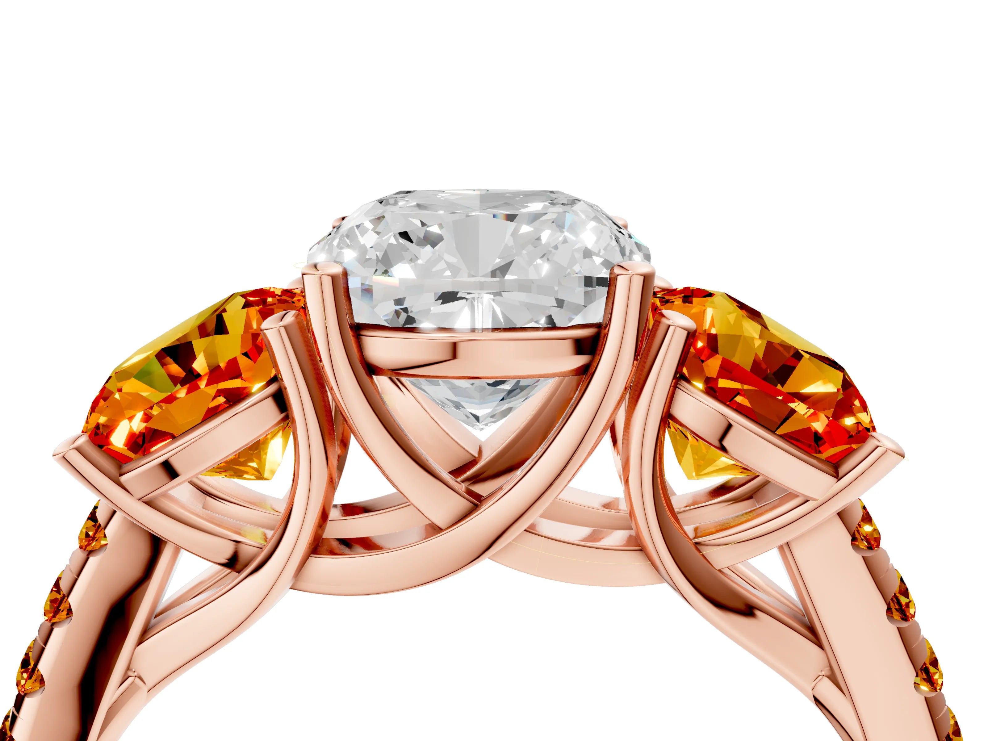 Rose gold Three-Stone Cushion Cut Diamond Ring with Round with Citrine side stone Pavé Band and Prong Setting_4