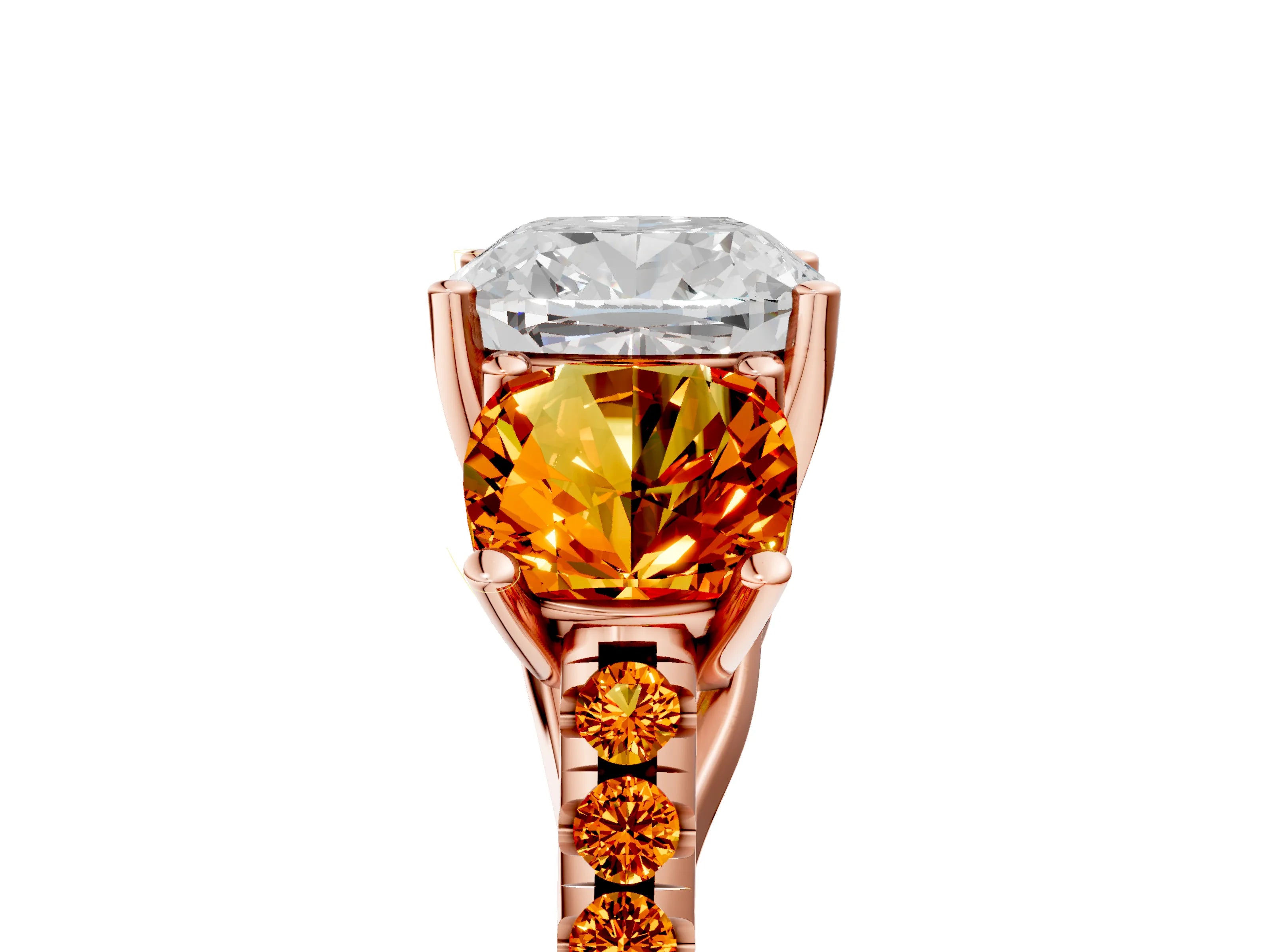 Rose gold Three-Stone Cushion Cut Diamond Ring with Round with Citrine side stone Pavé Band and Prong Setting_5