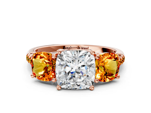 Rose gold Three-Stone Cushion Cut Diamond Ring with Round with Citrine side stone Pavé Band and Prong Setting