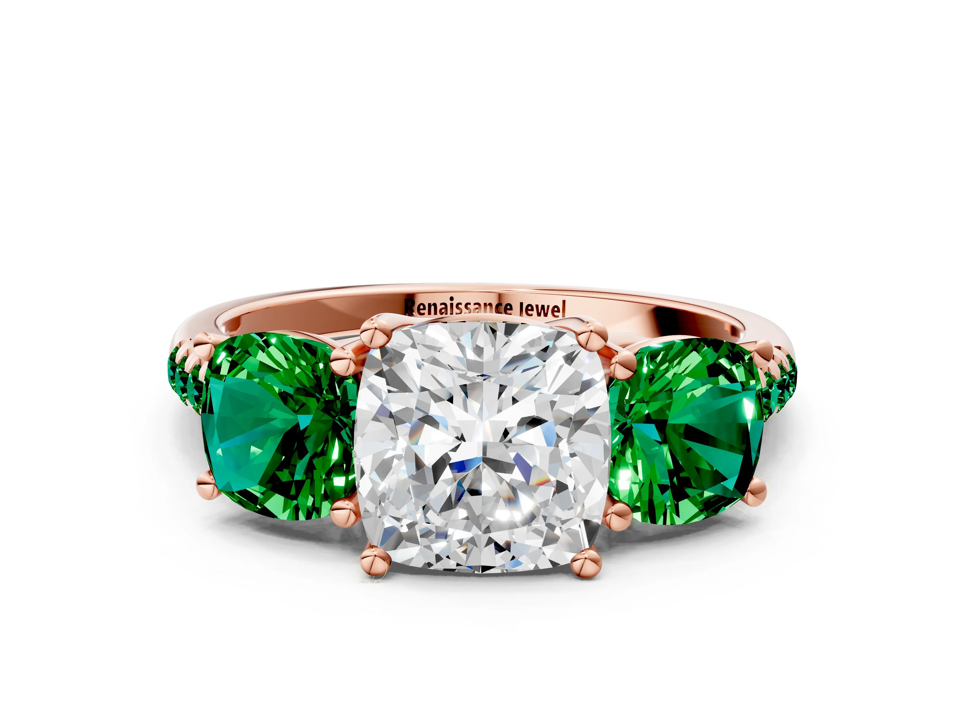 Rose gold Three-Stone Cushion Cut Diamond Ring with Round with Emerald side stone Pavé Band and Prong Setting