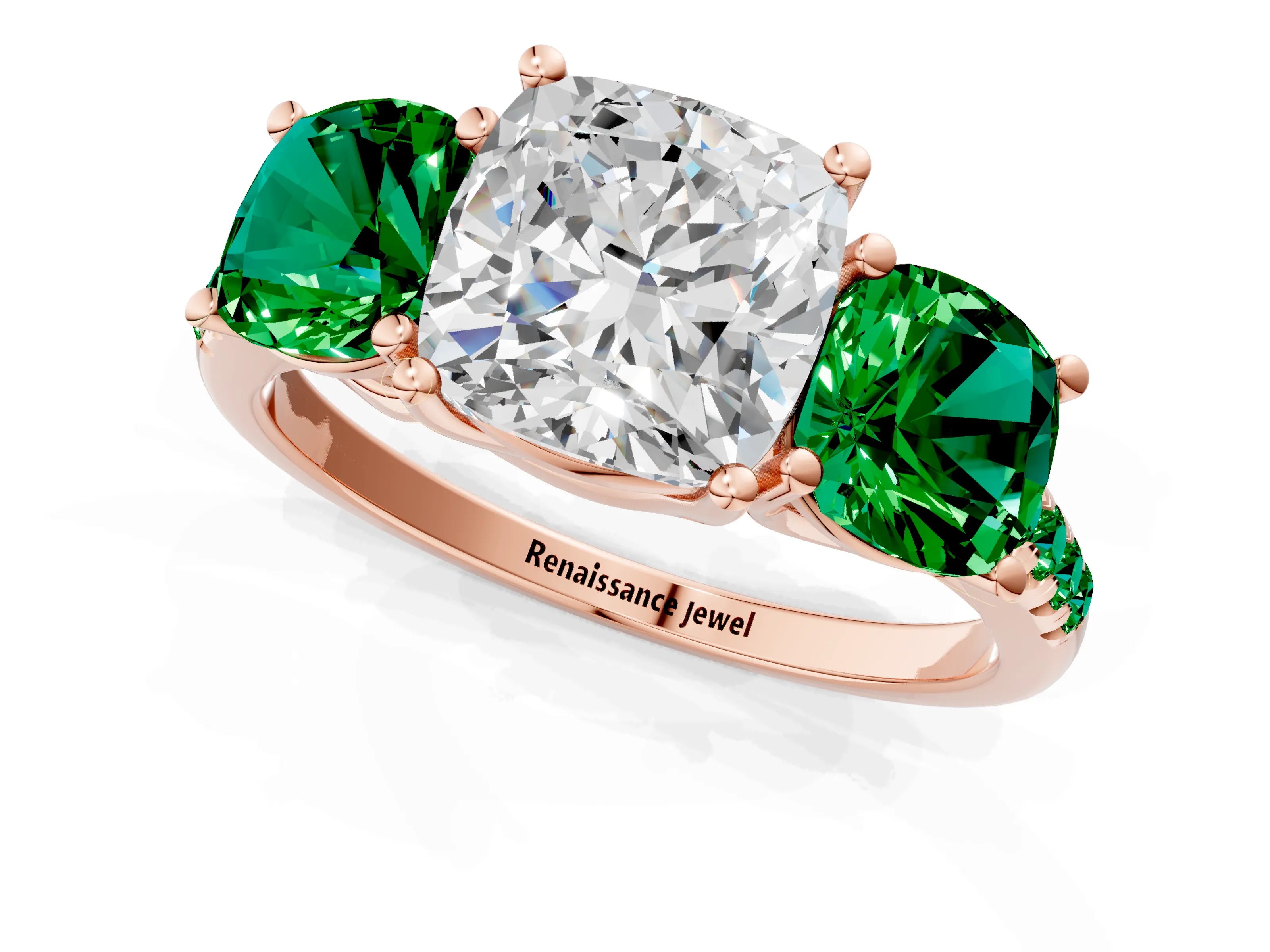 Rose gold Three-Stone Cushion Cut Diamond Ring with Round with Emerald side stone Pavé Band and Prong Setting_1
