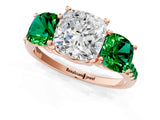 Rose gold Three-Stone Cushion Cut Diamond Ring with Round with Emerald side stone Pavé Band and Prong Setting_1