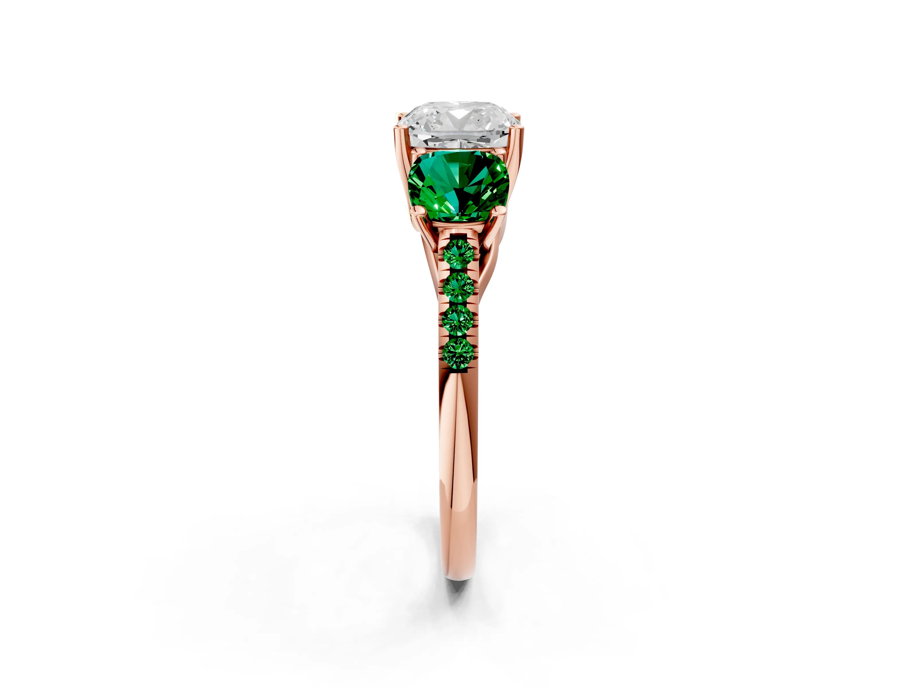 Rose gold Three-Stone Cushion Cut Diamond Ring with Round with Emerald side stone Pavé Band and Prong Setting_2