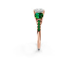 Rose gold Three-Stone Cushion Cut Diamond Ring with Round with Emerald side stone Pavé Band and Prong Setting_2