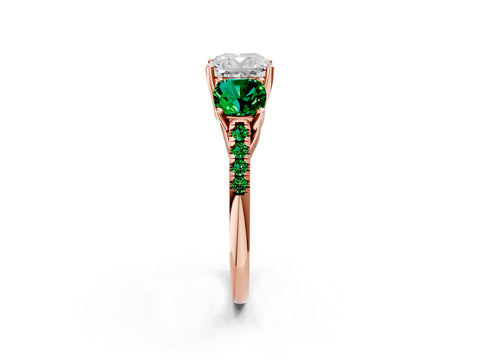 Rose gold Three-Stone Cushion Cut Diamond Ring with Round with Emerald side stone Pavé Band and Prong Setting_2
