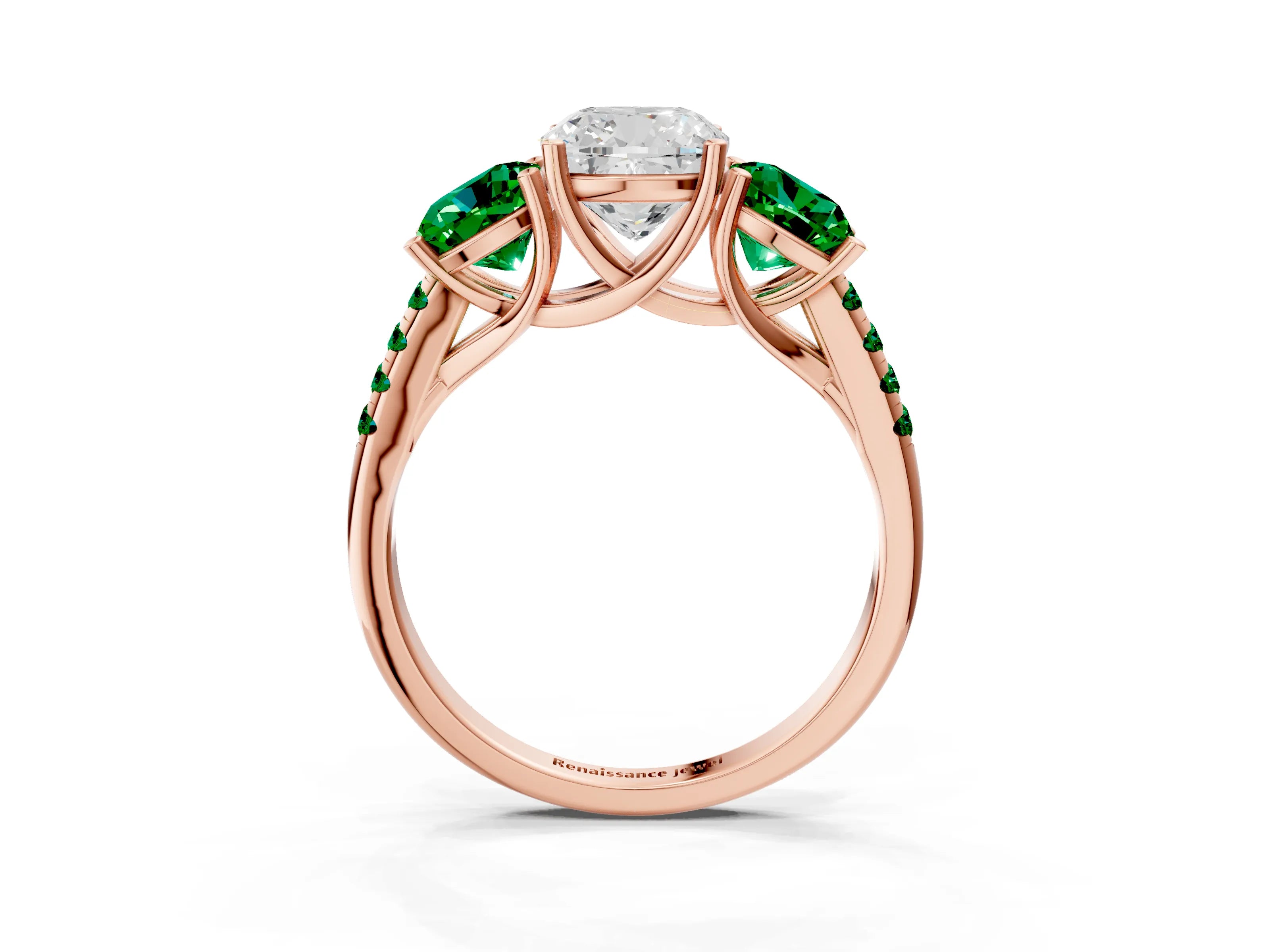 Rose gold Three-Stone Cushion Cut Diamond Ring with Round with Emerald side stone Pavé Band and Prong Setting_3