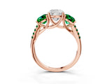 Rose gold Three-Stone Cushion Cut Diamond Ring with Round with Emerald side stone Pavé Band and Prong Setting_3