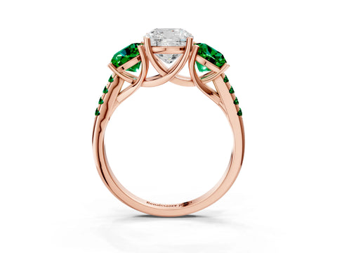 Rose gold Three-Stone Cushion Cut Diamond Ring with Round with Emerald side stone Pavé Band and Prong Setting_3