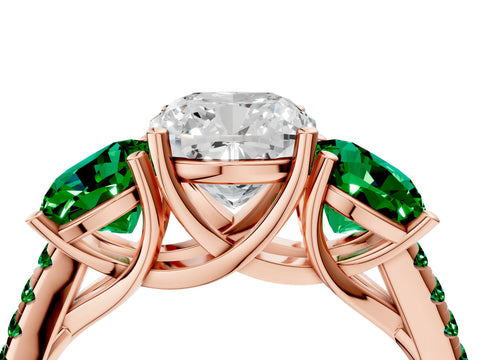 Rose gold Three-Stone Cushion Cut Diamond Ring with Round with Emerald side stone Pavé Band and Prong Setting_4