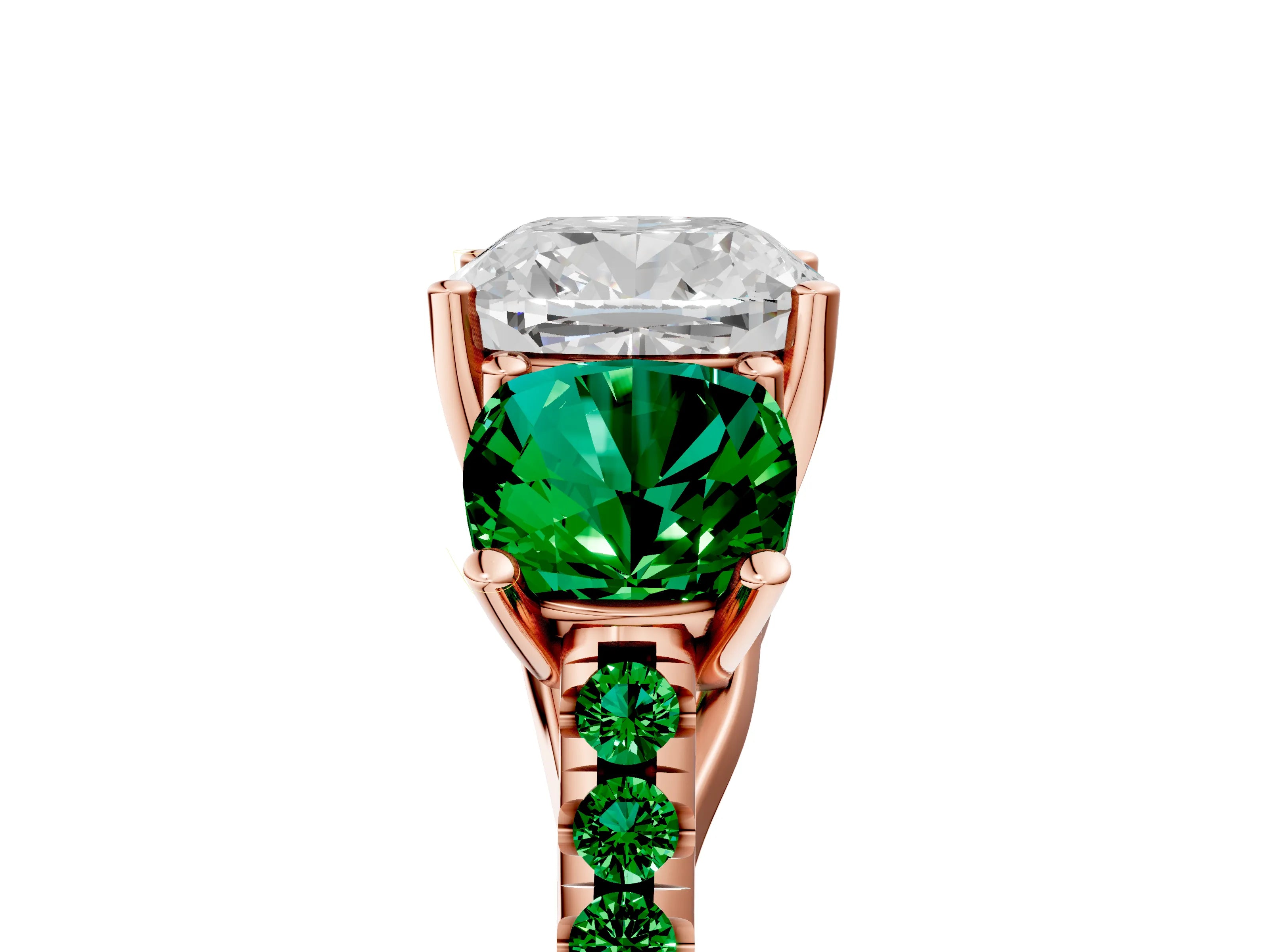 Rose gold Three-Stone Cushion Cut Diamond Ring with Round with Emerald side stone Pavé Band and Prong Setting_5