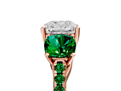 Rose gold Three-Stone Cushion Cut Diamond Ring with Round with Emerald side stone Pavé Band and Prong Setting_5