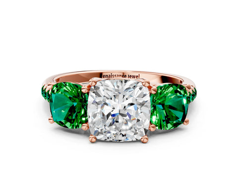 Rose gold Three-Stone Cushion Cut Diamond Ring with Round with Emerald side stone Pavé Band and Prong Setting