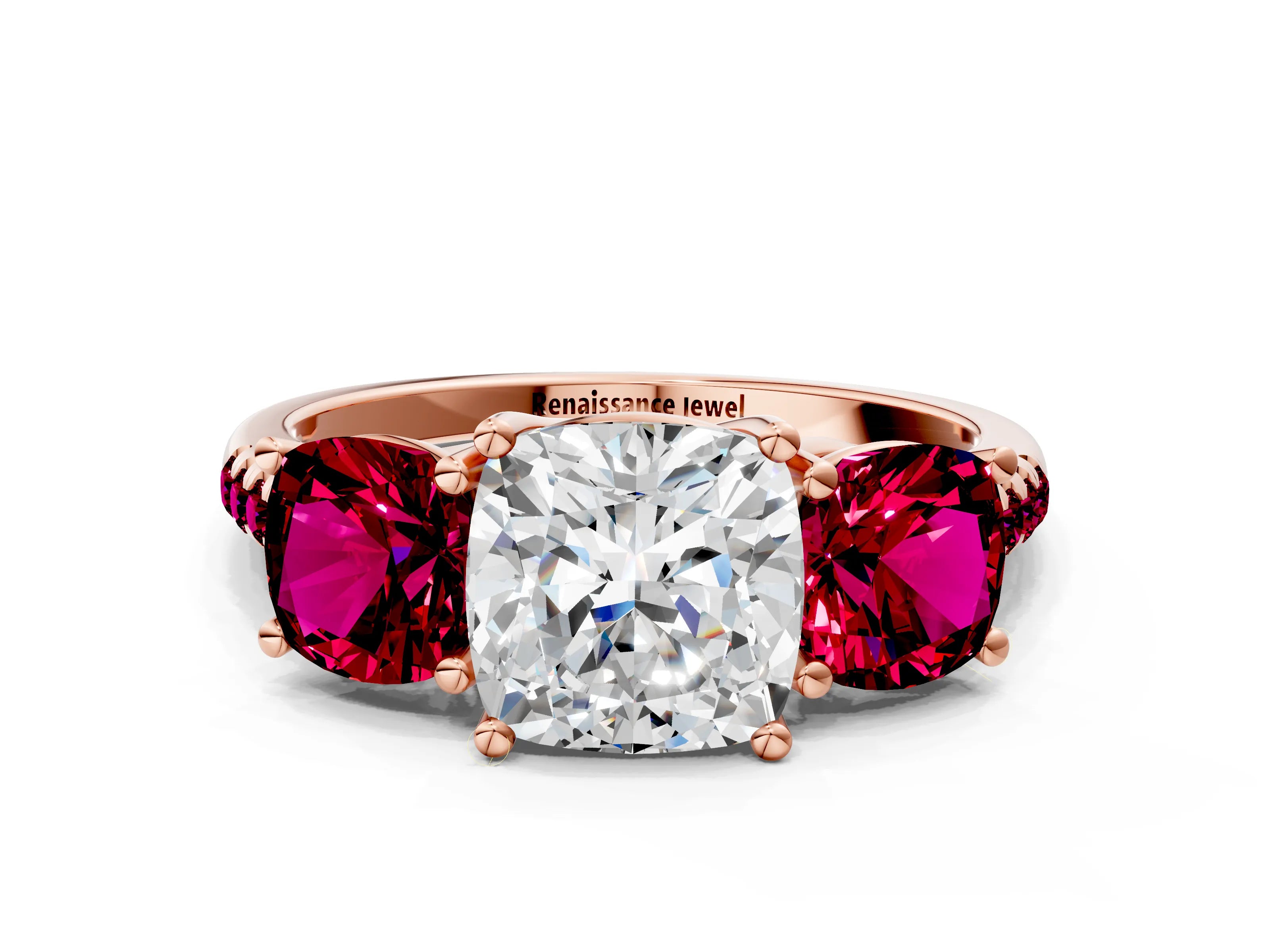 Rose gold Three-Stone Cushion Cut Diamond Ring with Round with Garnet side stone Pavé Band and Prong Setting