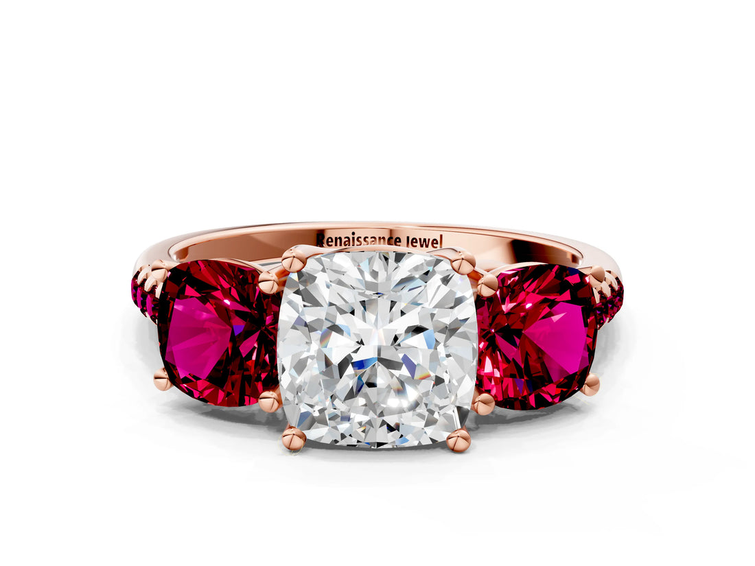Rose gold Three-Stone Cushion Cut Diamond Ring with Round with Garnet side stone Pavé Band and Prong Setting