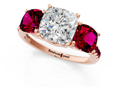 Rose gold Three-Stone Cushion Cut Diamond Ring with Round with Garnet side stone Pavé Band and Prong Setting_1