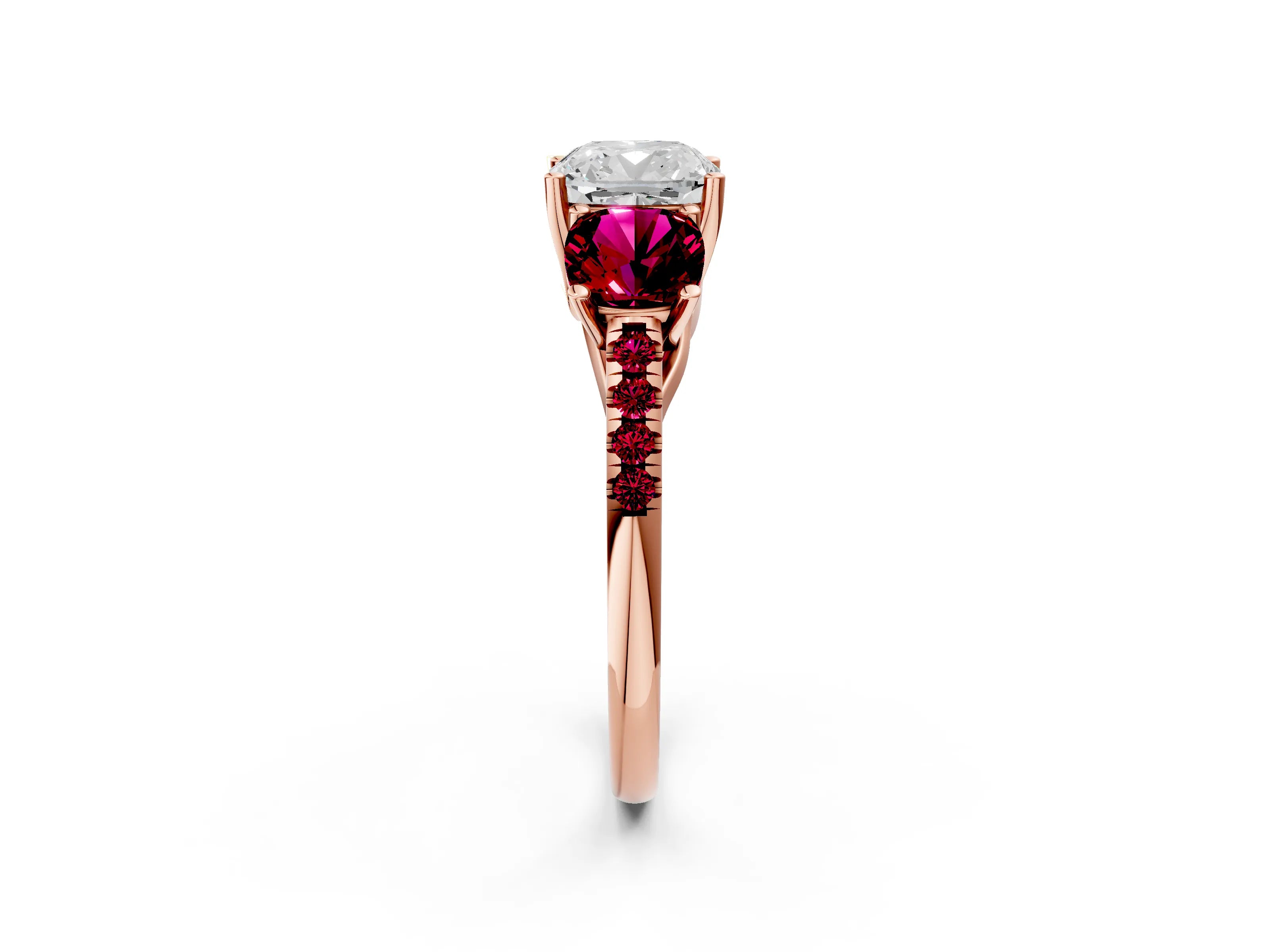 Rose gold Three-Stone Cushion Cut Diamond Ring with Round with Garnet side stone Pavé Band and Prong Setting_2