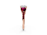 Rose gold Three-Stone Cushion Cut Diamond Ring with Round with Garnet side stone Pavé Band and Prong Setting_2