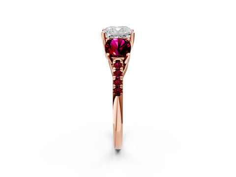Rose gold Three-Stone Cushion Cut Diamond Ring with Round with Garnet side stone Pavé Band and Prong Setting_2