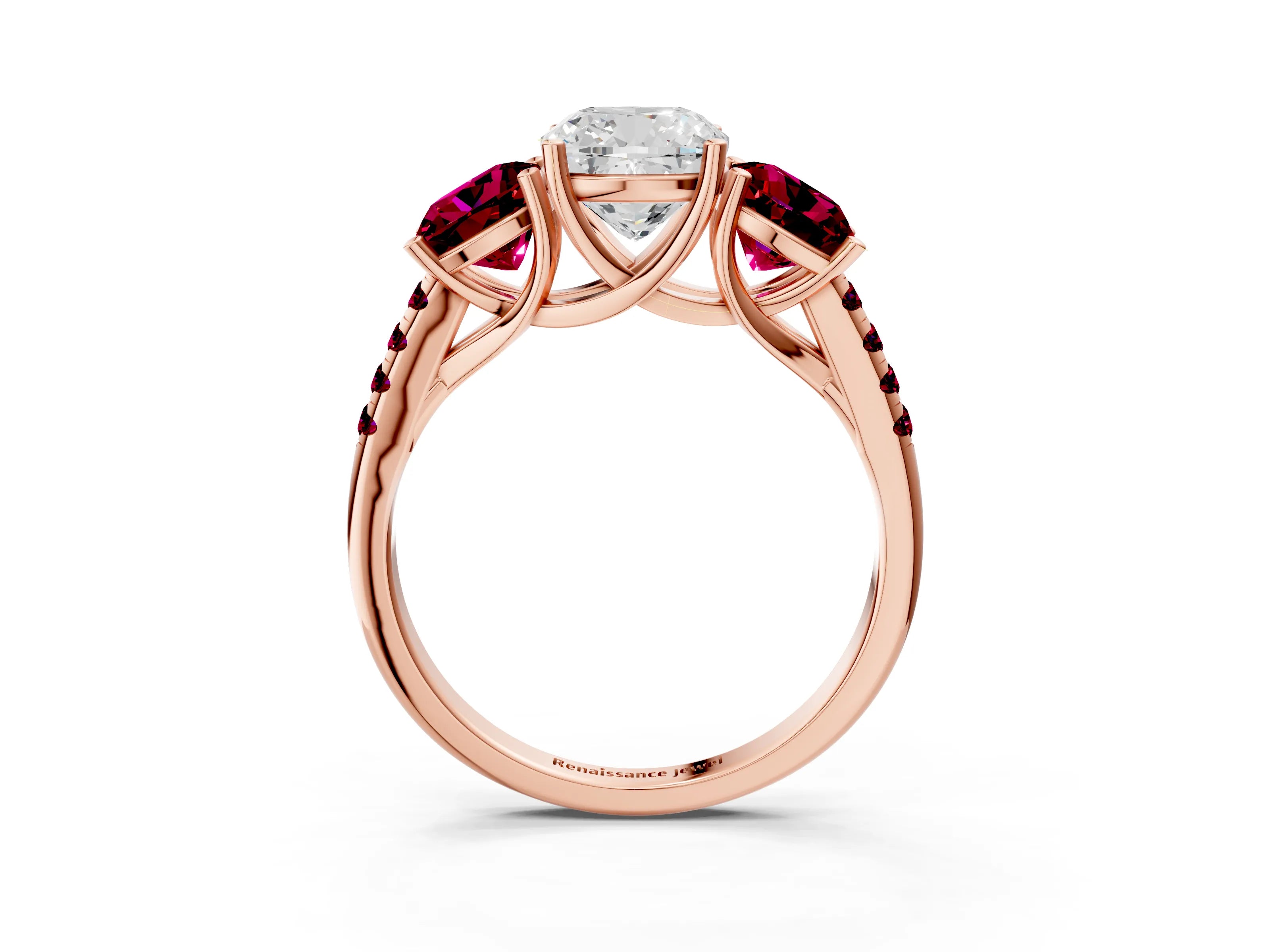 Rose gold Three-Stone Cushion Cut Diamond Ring with Round with Garnet side stone Pavé Band and Prong Setting_3