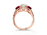 Rose gold Three-Stone Cushion Cut Diamond Ring with Round with Garnet side stone Pavé Band and Prong Setting_3