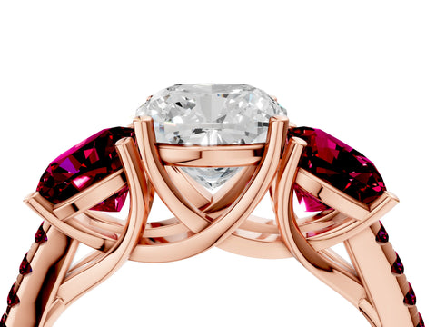 Rose gold Three-Stone Cushion Cut Diamond Ring with Round with Garnet side stone Pavé Band and Prong Setting_4