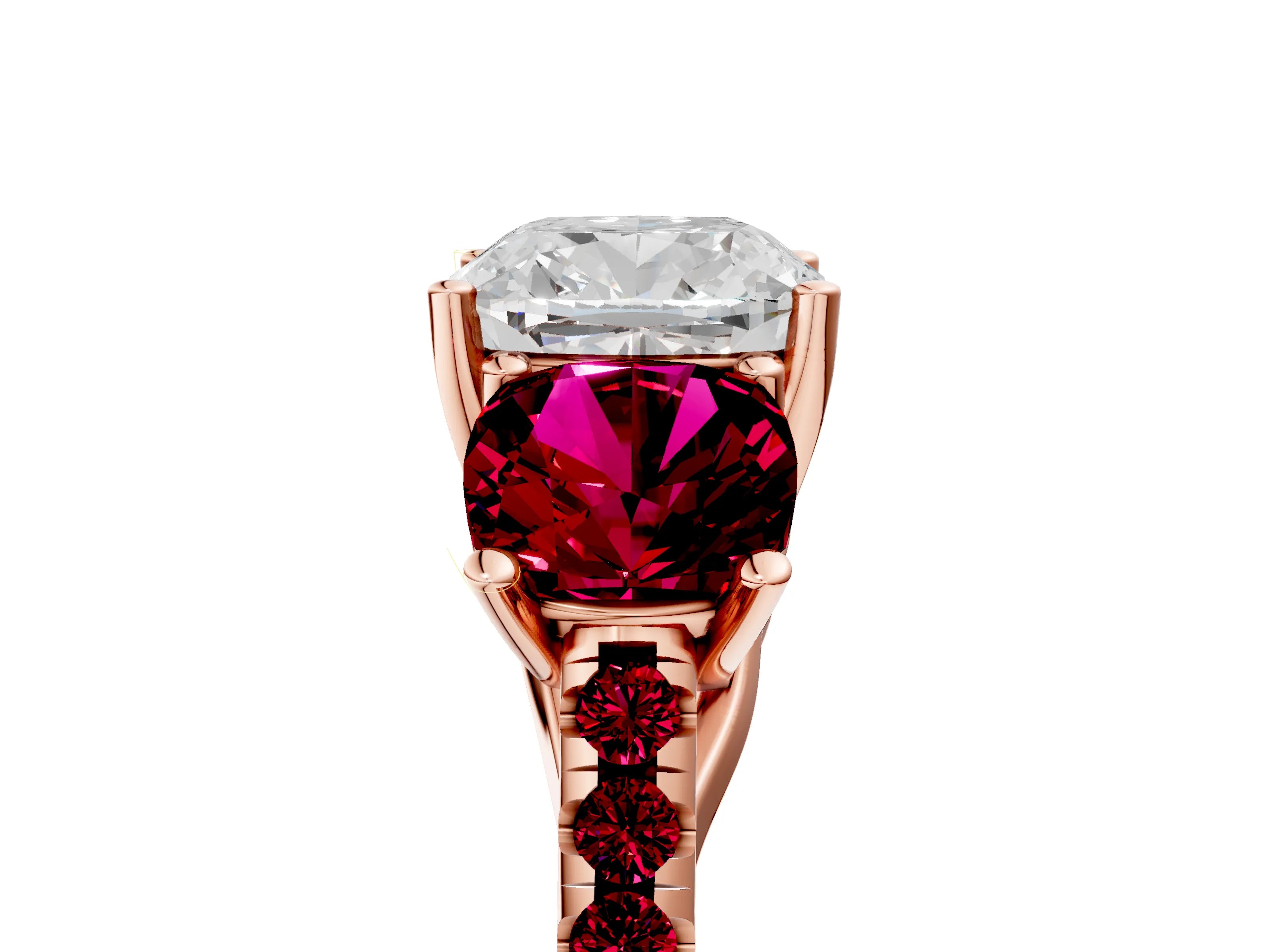 Rose gold Three-Stone Cushion Cut Diamond Ring with Round with Garnet side stone Pavé Band and Prong Setting_5