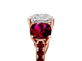 Rose gold Three-Stone Cushion Cut Diamond Ring with Round with Garnet side stone Pavé Band and Prong Setting_5