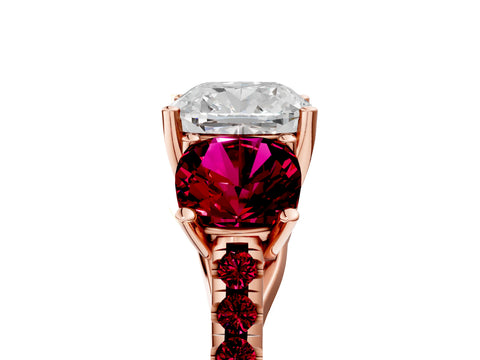 Rose gold Three-Stone Cushion Cut Diamond Ring with Round with Garnet side stone Pavé Band and Prong Setting_5
