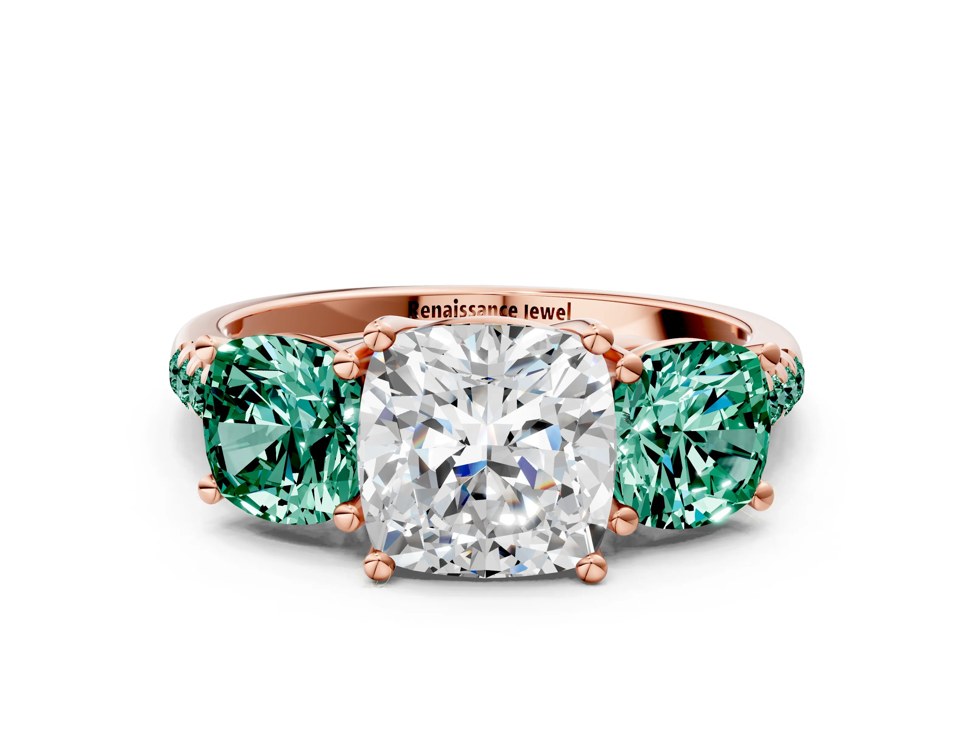 Rose gold Three-Stone Cushion Cut Diamond Ring with Round with Green Sapphire side stone Pavé Band and Prong Setting