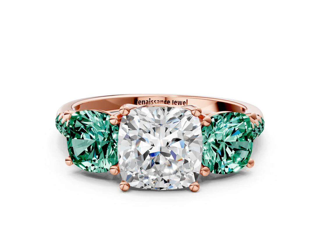 Rose gold Three-Stone Cushion Cut Diamond Ring with Round with Green Sapphire side stone Pavé Band and Prong Setting