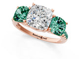Rose gold Three-Stone Cushion Cut Diamond Ring with Round with Green Sapphire side stone Pavé Band and Prong Setting_1