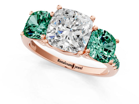 Rose gold Three-Stone Cushion Cut Diamond Ring with Round with Green Sapphire side stone Pavé Band and Prong Setting_1