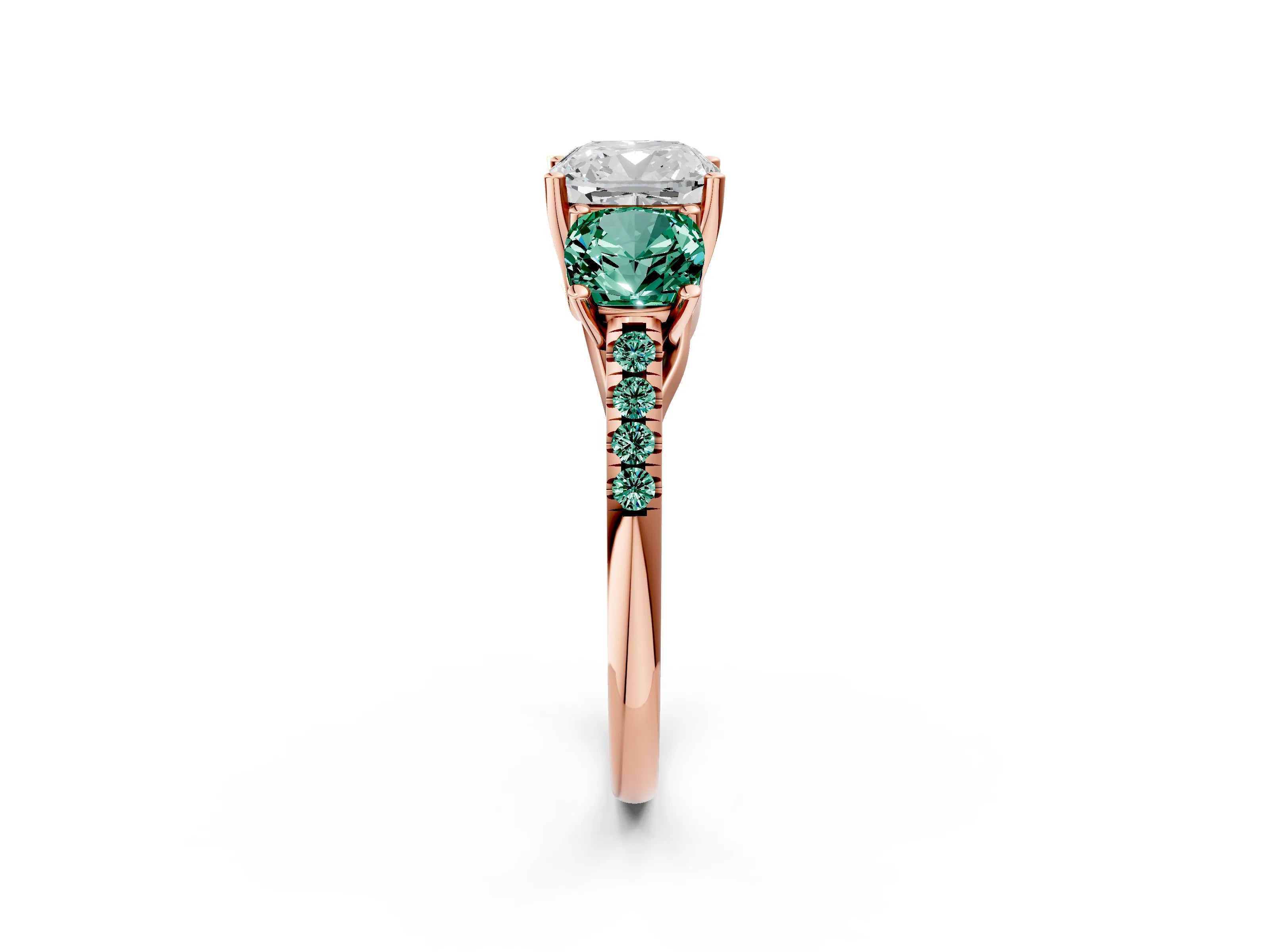 Rose gold Three-Stone Cushion Cut Diamond Ring with Round with Green Sapphire side stone Pavé Band and Prong Setting_2